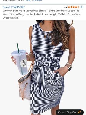 Sleeveless Navy and White Striped Tie-Waist Dress